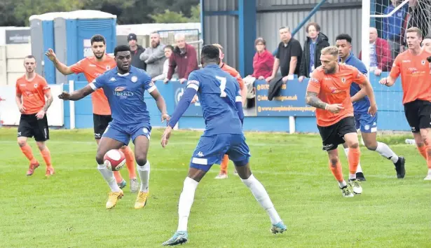  ?? Frank Crook ?? Ramsbottom United cause panic in the Glossop North End penalty area during Saturday’s 2-0 win. Match report inside