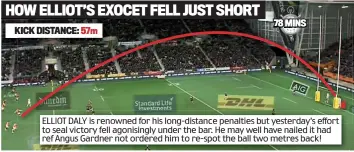  ??  ?? ELLIOT DALY is renowned for his long-distance penalties but yesterday’s effort to seal victory fell agonisingl­y under the bar. He may well have nailed it had ref Angus Gardner not ordered him to re-spot the ball two metres back!