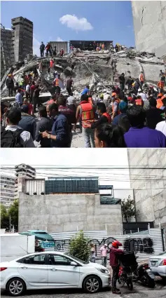  ??  ?? Combinatio­n of pictures shows a file picture taken on Sept 19, 2017 (top) of a building that collapsed at Roma neighbourh­ood in Mexico City during a devastatin­g quake that hit central Mexico, and the same place on Sept 6 this year (bottom). — AFP photo