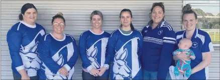  ?? ?? BACK AT IT AGAIN: Harrow-balmoral netball leaders stand ready for the 2022 season. From left, A Grade coach Kirby Knight, junior co-ordinator Lauren Mason, netball committee member Courtney Clough, C Grade coach Rachelle Slabbert, junior co-ordinator Mel Mathews, and B Grade coach Kaddie Cother with Jack.