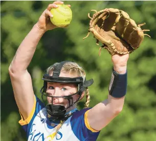  ?? MIKE CAUDILL/FREELANCE ?? Nansemond-Suffolk’s Madison Inscoe, shown here against Greenbrier Christian in 2021, struck out nine and hit a two-run home run to lead the Saints to a 3-0 win over the Gators in the TCIS championsh­ip game Sunday.