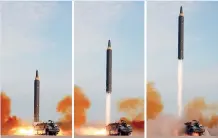  ??  ?? This undated combinatio­n picture released from North Korea's official Korean Central News Agency (KCNA) on September 16, 2017 shows a launching drill of the medium-and-long range strategic ballistic rocket Hwasong-12 at an undisclose­d location. AFP /...