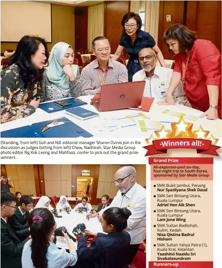  ??  ?? (Standing, from left) Goh and NiE editorial manager Sharon Ovinis join in the discussion as judges (sitting from left) Chew, Nadhirah, Star Media Group photo editor Ng Kok Leong and Mahfooz, confer to pick out the grand prize winners . To level the...