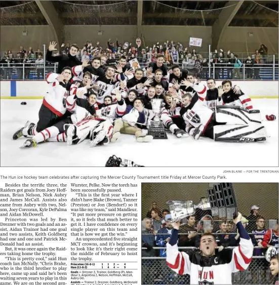  ?? JOHN BLAINE — FOR THE TRENTONIAN ?? The Hun ice hockey team celebrates after capturing the Mercer County Tournament title Friday at Mercer County Park.