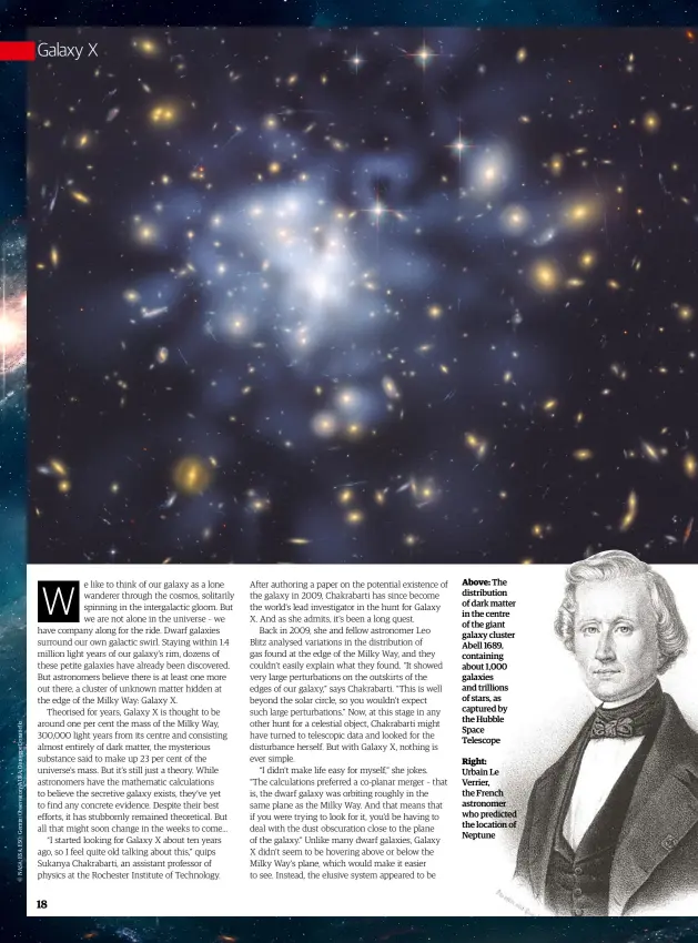  ??  ?? Above: The distributi­on of dark matter in the centre of the giant galaxy cluster Abell 1689, containing about 1,000 galaxies and trillions of stars, as captured by the Hubble Space Telescope
Right:
Urbain Le Verrier, the French astronomer who predicted the location of Neptune