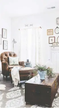  ?? PHOTOS: ALISSA SAYLOR ?? A rug is a great way to add colour, texture and pattern to a room, Kim Leggett says. Here, an old army tent has been stencilled with a graphic motif to create a floor covering.