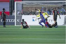  ?? STEVE KINGSMAN/FURY FC ?? Fury goalie Maxime Crepeau can’t come up with a re-directed shot in the 83rd minute Saturday at TD Place. The Fury lost, 1-0.