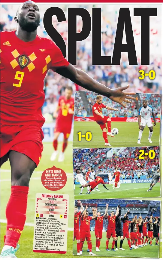  ??  ?? HE’S NINE AND DANDY Romelu Lukaku celebrates his second goal and Belgium salute the fans after this victory