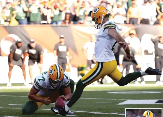  ?? DYLAN BUELL/GETTY IMAGES, ANDY LYONS/GETTY IMAGES (RIGHT) ?? Mason Crosby of the Packers kicks the game-winning field goal in overtime to beat the Bengals after missing three previous kicks (right). ‘‘There was a little bit of relief,’’ Crosby said about finally coming through.