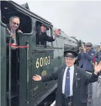  ?? Jan Howarth ?? ●● East Lancashire Railway chairman Mike Kelly, Rawtenstal­l station master Graham Law and Mayor Colin Crawforth