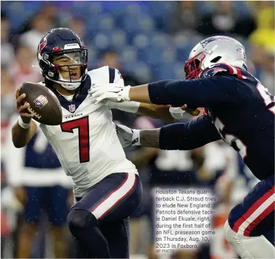  ?? AP PHOTO ?? Houston Texans quarterbac­k C.J. Stroud tries to elude New England Patriots defensive tackle Daniel Ekuale, right, during the first half of an NFL preseason game on Thursday, Aug. 10, 2023 in Foxboro.