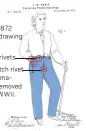  ?? ?? Davis’ 1872 patent drawing Pocket rivets The crotch rivet was permanentl­y removed during WWII.
