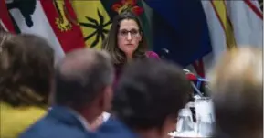  ?? NATHAN DENETTE, THE CANADIAN PRESS ?? Foreign Affairs Minister Chrystia Freeland holds a roundtable consultati­on on NAFTA with labour stakeholde­rs in Toronto on Tuesday.