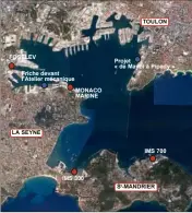  ??  ?? En rouge les chantiers navals de la rade, dont Monaco Marine à La Seyne est le dernier né En bleu les sites à potentiel « grande plaisance » : le grand quai d’armement à La Seyne et à Toulon, où un grand projet de refonte du littoral est lancé par TPM