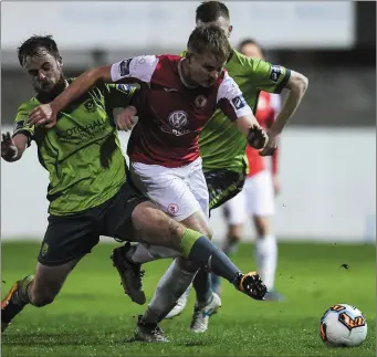  ??  ?? Gary Boylan of Sligo Rovers is challenged by Ryan McEvoy of Drogheda United.