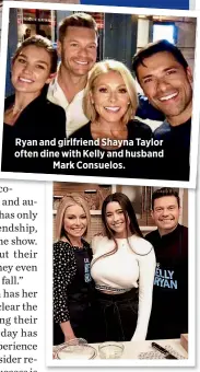  ??  ?? Ryan and girlfriend Shayna Taylor often dine with Kelly and husbandMar­k Consuelos. Kelly’s daughter, Lola, helped her mom and “Uncle Ry Ry” for a recent cooking segment.