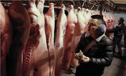  ??  ?? Chinese pork vendors select the product in a pork wholesales hall of a market in Beijing. Photograph: Wu Hong/EPA