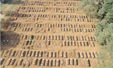  ?? ANDRE PENNER, THE ASSOCIATED PRESS ?? A plethora of graves in a Sao Paulo cemetery gives evidence of the coronaviru­s toll on Brazil.