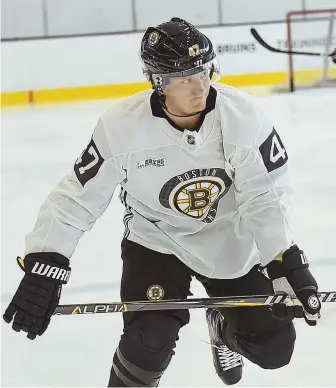  ?? STAFF PHOTO BY FAITH NINIVAGGI ?? CLOSE.TO.READY:.Torey.Krug.is.likely.to.play.for.the.Bruins.tonight.against.the.Red. Wings.as.he.remains.on.track.to.be.on.the.ice.for.the.season.opener.next.week.