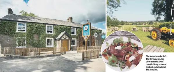  ??  ?? Clockwise from far left: The Derby Arms, the view from the Arms’ outside dining area and the lamb cutlets dish at The Alma Inn.