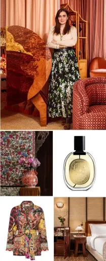  ?? ?? From top, clockwise: Laura Gonzalez; Diptyque Benjoin Bohème; Hotel Hana in Paris; a Pierre-louis Mascia kimono; Hana wallpaper, Soleil Levant collection, Pierre Frey