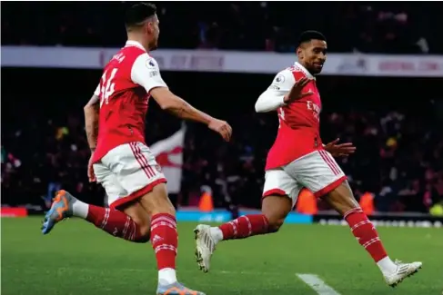  ?? (PA) ?? Reiss Nelson, right, scores the winning goal in injury time