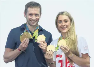  ??  ?? ●» Laura Trott and Jason Kenny the day after their glory night, each winning gold at the velodrome