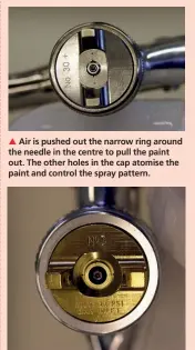  ?? ?? Air is pushed out the narrow ring around the needle in the centre to pull the paint out. The other holes in the cap atomise the paint and control the spray pattern.
HVLP guns have a much wider gap around the needle in the centre than either convention­al or LVLP guns, but they can all get blocked, especially if the spray pressure has been set too high causing paint to bounce back off the panel and hit the gun.