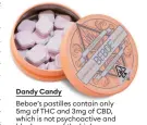  ??  ?? Dandy Candy Beboe’s pastilles contain only 5mg of THC and 3mg of CBD, which is not psychoacti­ve and blocks some of the high.
