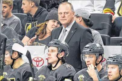  ?? JEFF BOTTARI/VEGAS GOLDEN KNIGHTS ?? Vegas Golden Knights head coach and Summerside native Gerard (Turk) Gallant looks on from the bench during a 2018-19 National Hockey League game. The Golden Knights will open the Stanley Cup Final series Monday night.