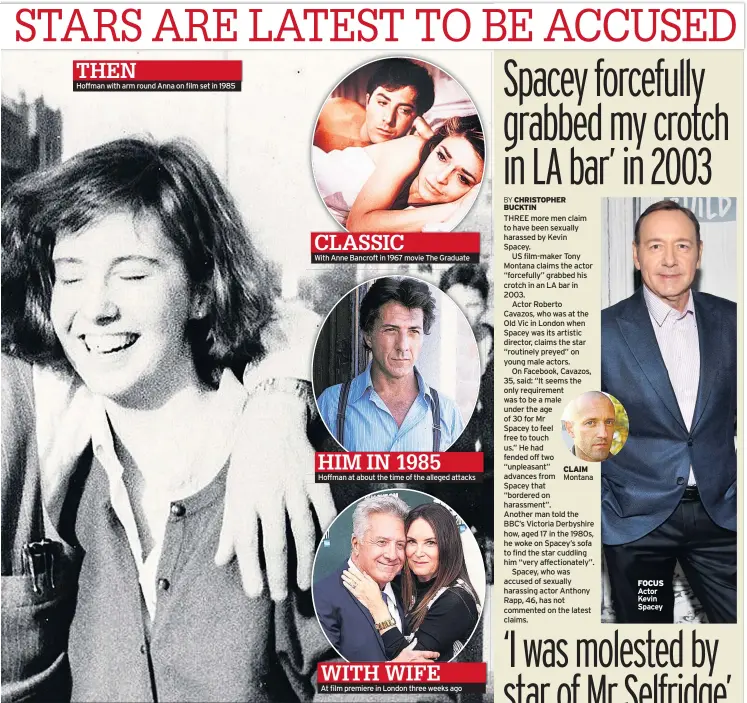  ??  ?? Hoffman with arm round Anna on film set in 1985 With Anne Bancroft in 1967 movie The Graduate Hoffman at about the time of the alleged attacks At film premiere in London three weeks ago CLAIM Montana FOCUS Actor Kevin Spacey THEN CLASSIC HIM IN 1985...