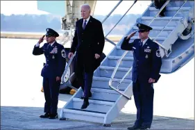  ?? ?? President Joe Biden arrives on Air Force One at Brunswick Executive Airport in Brunswick, Maine, as he heads to Lewiston, Maine, to meet with family members and first responders after a mass shooting, Friday, Nov. 3, 2023. (AP Photo/Evan Vucci)