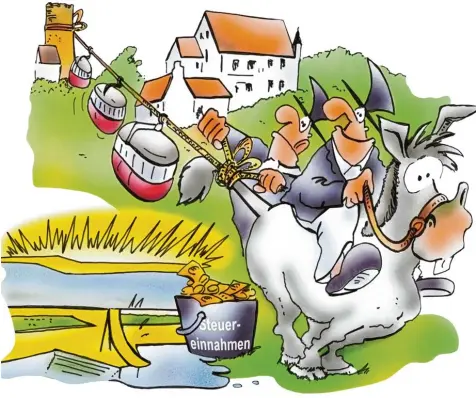  ?? Karikatur: HSB Cartoon ?? Der Dukatenese­l von Mindelheim wirft weiter reiche Ernte ab. Das freut die Kommunalpo­litiker, die die Stadt weiter auf Vordermann bringen können. Dabei sind neue Ideen gefragt, wohin mit dem vielen Geld. Das Freibad ließe sich vielleicht vergolden. Und wie wäre es mit einer Seilbahn zur Mindelburg?