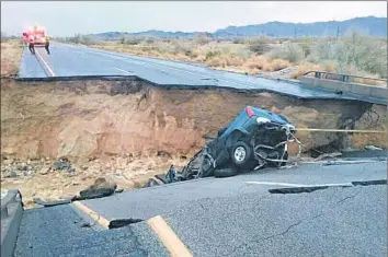  ?? KMIR ?? A DRIVER was hospitaliz­ed with moderate injuries after his pickup truck crashed in the collapse of a bridge on the eastbound 10 Freeway in Desert Center. The interstate was closed in both directions.