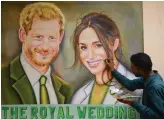  ?? — AP, AFP ?? A barrista ( left) poses with a “Megharrycc­ino”, a royal wedding- themed coffee decorated with the faces of Prince Harry and Meghan Markle in a coffee shop in Windsor and Indian painter Jagjot Singh Rubal ( right) touches up his painting of Prince...