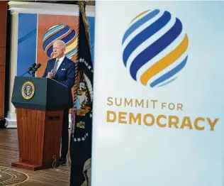  ?? Evan Vucci / Associated Press ?? President Joe Biden delivers remarks Friday during the virtual Summit for Democracy in Washington, D.C. Biden warned of the need to vigilantly protect democratic values in the world.