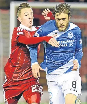  ?? Pictures: SNS. ?? Aberdeen’s James Maddison tries to get to grips with Murray Davidson during the Betfred Cup quarter-final at Pittodrie.