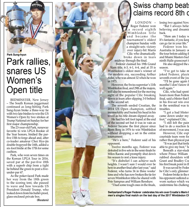  ?? AFP ?? Switzerlan­d’s Roger Federer celebrates his win over Croatia’s Marin Cilic during their men’s singles final match on the last day of the 2017 Wimbledon Championsh­ips.