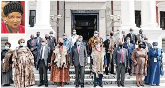  ?? GCIS ?? President Cyril Ramaphosa, front and centre, was joined by National House of Traditiona­l Leaders in a family photo at its annual opening ceremony at Parliament in Cape Town last year. The appointmen­t of Inkosikazi Nosandile Mhlauli, inset, as the first woman to chair the National House of Traditiona­l and Khoisan Leaders marks a major step in the gender transforma­tion of the historical­ly male-dominated institutio­n of traditiona­l leadership, says the writer. |