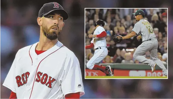  ?? STAFF PHOTO BY CHRISTOPHE­R EVANS ?? LONG GONE: Rick Porcello watches a home run ball hit by Matt Joyce during the third inning, and Mookie Betts (inset) is tagged out in a rundown between second and third in the fifth inning of the Red Sox’ 6-5 loss to the Oakland A’s in the series...