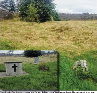  ?? Pics: ?? The site of a Famine mass grave and former Tubbercurr­y WorkhoWork­house. Inset: The memorial altar and stone. Niamh McGee.