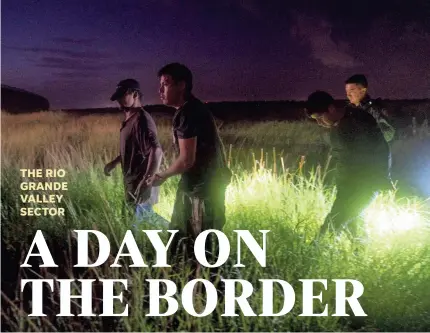  ?? PHOTOS BY JACK GRUBER/USA TODAY ?? Border Patrol Agent Jesse Moreno, right, helps other agents detain three men suspected of crossing into the USA in the wetlands near Granjeno, Texas. This year, agents have encountere­d more than 359,000 migrants, an average of about 2,100 each day in the Rio Grande Valley.