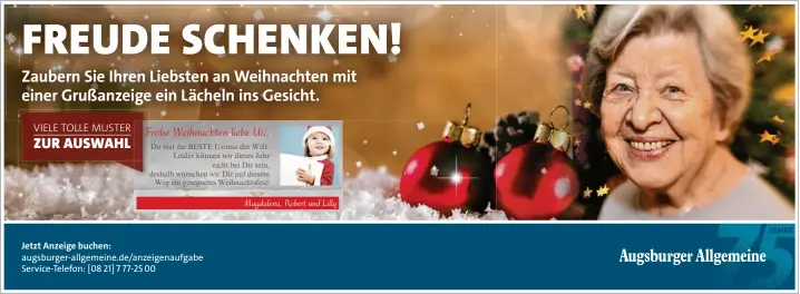  ??  ?? Zaubern Sie Ihren Liebsten an Weihnachte­n mit einer Grußanzeig­e ein Lächeln ins Gesicht.