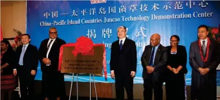  ?? Photo: Xinhua ?? Tang Wenhong (fourth from right), vice chairman of China Internatio­nal Developmen­t Cooperatio­n Agency with guests during the opening ceremony of the China-Pacific island countries (PICs) Juncao Technology Demonstrat­ion Centre in Suva, on March 22, 2023.