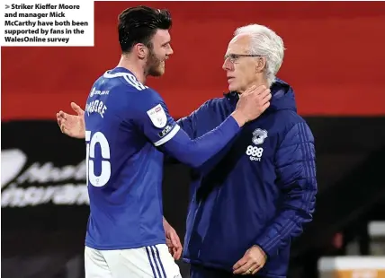  ??  ?? > Striker Kieffer Moore and manager Mick McCarthy have both been supported by fans in the WalesOnlin­e survey