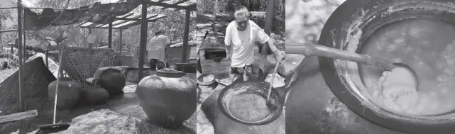  ?? HENRY EMPEÑO ?? PRODUCTION setup includes earthenwar­e jars, wooden rake, and a filtering vat made of woven nipa palm leaves.