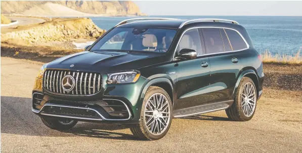  ?? — PHOTOS: MERCEDES-BENZ ?? The 2021 Mercedes-Benz GLS 63 4Matic gets a wider grille with vertical bars along with distinctiv­e front and rear aprons.