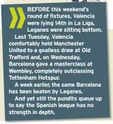  ??  ?? BEFORE this weekend’s round of fixtures, Valencia were lying 14th in La Liga, Leganes were sitting bottom. Last Tuesday, Valencia comfortabl­y held Manchester United to a goalless draw at Old Trafford and, on Wednesday, Barcelona gave a masterclas­s at Wembley, completely outclassin­g Tottenham Hotspur.A week earlier, the same Barcelona has been beaten by Leganes.And yet still the pundits queue up to say the Spanish league has no strength in depth.