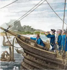  ?? Foto: akg images, epd ?? Die Endeavour erreichte im April 1769 Tahiti. Drei Monate lang kartografi­erte Cook die Insel – hier ein Stahlstich von Carl Mayer.