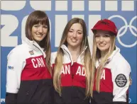  ?? Canadian Press photo ?? The Dufour-Lapointe sisters from Montreal couldn’t imagine racing moguls without each other. Women’s moguls Olympic gold medallist Justine Dufour-Lapointe, right, poses with her sister and silver medallist Chloe, centre, and her other sister Maxime at...